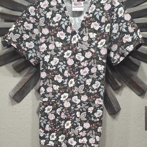 Black Floral V-Neck Scrub Top